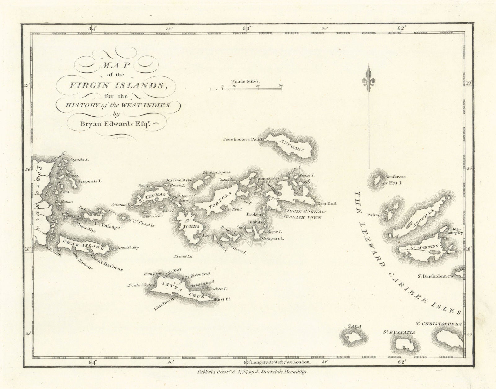 'Map of the Virgin Islands'', by Bryan EDWARDS. West Indies. Caribbean 1794